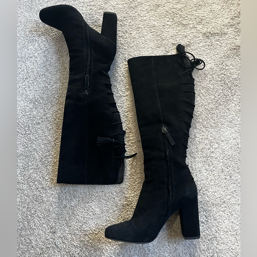 Elie Tahari Black Suede Heels, Leather Interior, Lace Up Side Zip, Sz 7 EU37.5